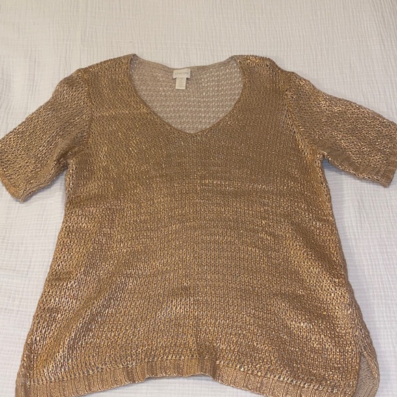 CHICOS METALLIC GOLD SHORT SLEEVE SWEATER SIZE 2 - Picture 1 of 4